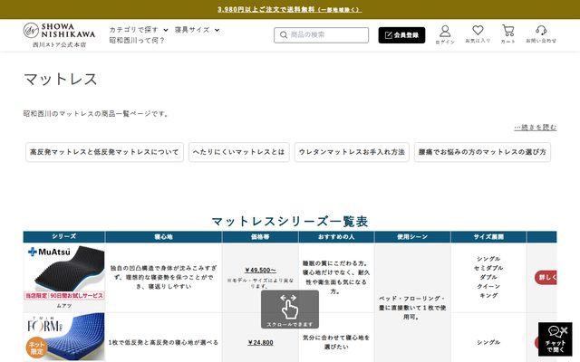 西川の公式サイトの商品ページ
