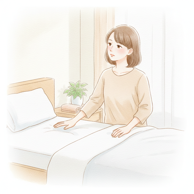 寝室でマットレスに手を当てて、沈み具合を確かめている女性のイラスト